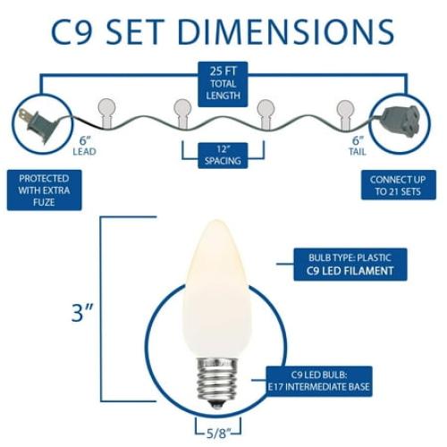 Novelty Lights C9 LED Christmas Warm White Smooth Plastic Light Set, White Wire (25 Bulbs, 25 Feet)