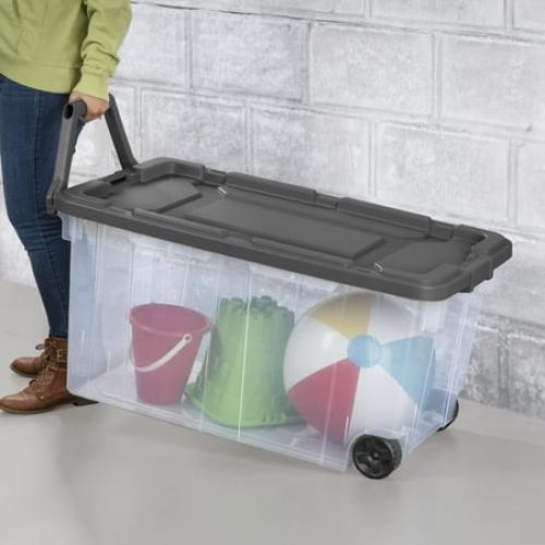 Sterilite 160 Quart Extra-Large Wheeled Storage Bin, Clear Storage Container with Latch Lid and Pull Handle, Durable, Dark Gray