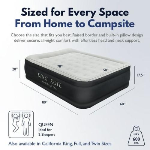 King Koil Luxury Air Mattress Queen with Built in Pump, Integrated Premium Pillow Inflatable Airbed for Guests, Camping & Home