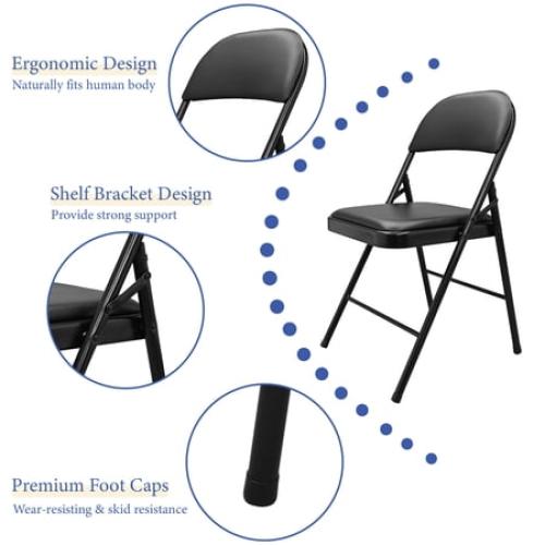 VENI 4-Pack Vinyl-Padded 30 Metal Folding Steel Chairs Adult Foldable Chair 3 Pack, Black