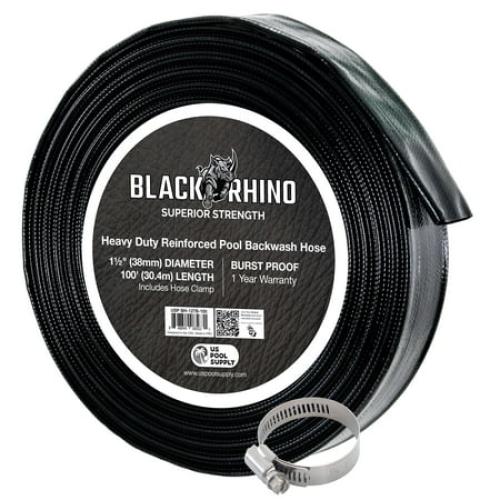 U.S. Pool Supply Black Rhino 1-1/2 x 100' Pool Backwash Hose with Hose Clamp - Extra Heavy Duty Superior Strength, Thick 1.2mm (47mils) - Weather Burst Resistant - Drain Clean Swimming Pools