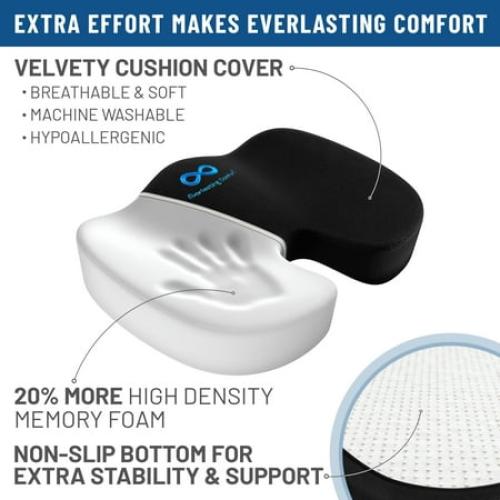 Everlasting Comfort Memory Foam Seat Cushion, Ergonomic U-Shaped Design, Tailbone Pain Relief, Black