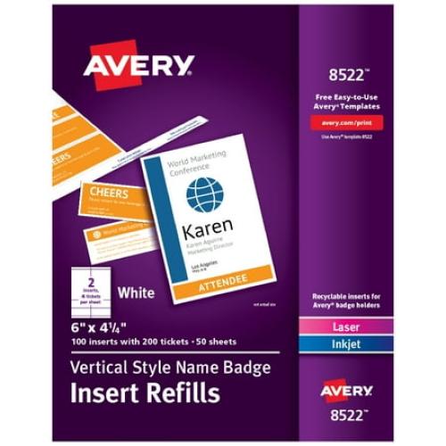 Avery Name Badge and Ticket Inserts, 6 x 4.25, 100 Inserts (8522)