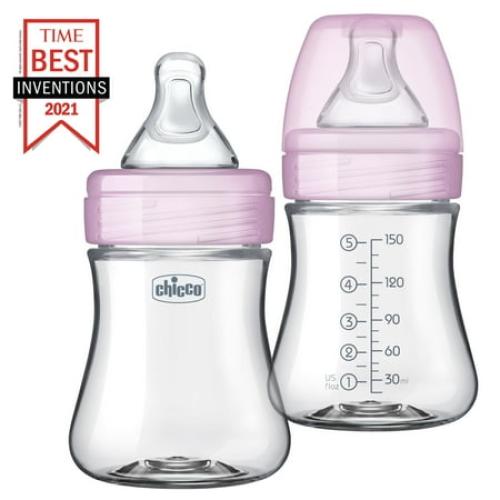 Chicco Duo Hybrid Baby Bottle, Invinci-Glass Inside/Plastic Outside, 5oz, 2-Pack - Pink, New