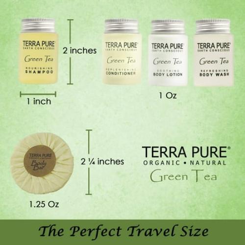 Terra Pure Hotel Soaps and Toiletries Bulk Set | 1-Shoppe All-In-Kit Amenities for Hotels | 1oz Hotel Shampoo & Conditioner, Body Wash, Body Lotion & 1.25oz Bar Soap Travel Size | Pieces