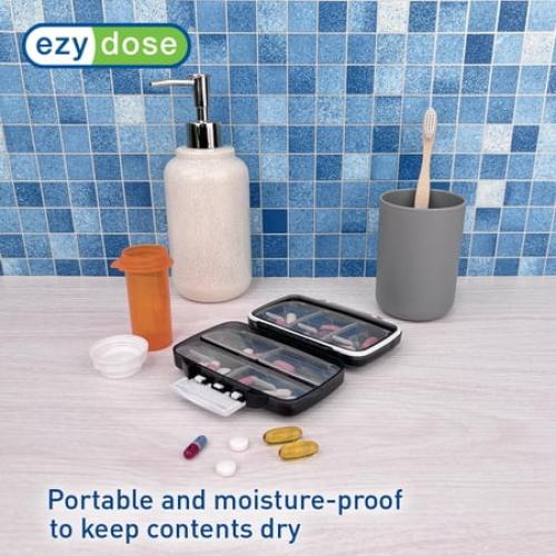 Ezy Dose Moisture-Proof Pill Organizer, Travel-Friendly, Latch-Closure to Secure Contents, 4 Individual Compartments of Multiple Sizes with Tight Seal, Medium, Black