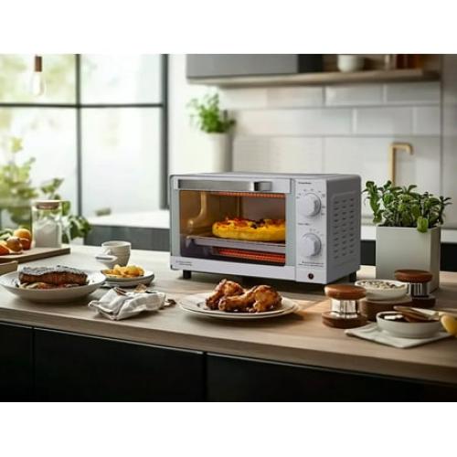 Mainstays 4 Slice Countertop Toaster Oven with 3 Settings, Includes Baking Rack and Pan, Arctic White, New