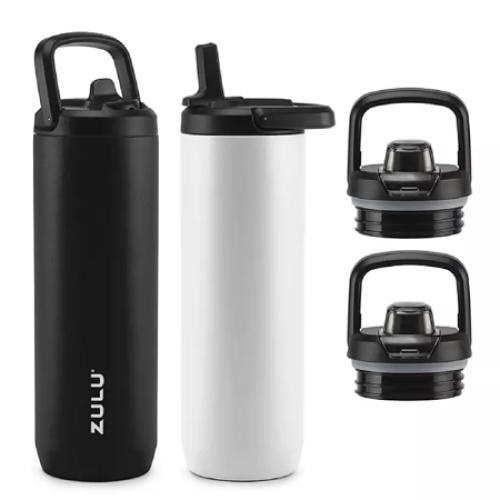 Zulu 411-2401-900 Stainless Steel Water Bottle with Lids., 2pk 24oz, Includes 2 Extra Lids