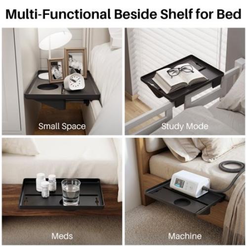 JOYMOOP Clip-On Bedside Shelf for Bunk Beds, Dorm Room Essentials, Bedside Caddy, No-Tool Install Bed Side Table Storage for Loft, Platform Beds, Nightstand Caddy for Phone, Glasses, Book, Black