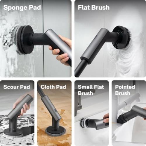 HOTO Household Cleaning Spin Scrubber with 6 Brush Heads, Long Handle and Waterproof