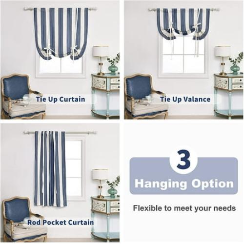 DriftAway Chris Vertical Striped Pattern Blackout Room Darkening Thermal Insulated Tie Up Adjustable Balloon Rod Pocket Curtain for Small Window, 45 x 63, Ivory Dark Blue