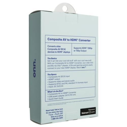 onn. Composite AV to HDMI Adapter, 1080P HD Quality, Indoor, Black, 6.5in x 1.5in, 0.3lb, None