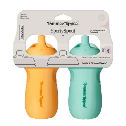 Tommee Tippee Insulated Sporty Bottle, 9oz, 12 Months , No Spill Toddler Water Bottle, Two-Piece Valve Helps Stop Spills, Blue & Orange, 2 Count