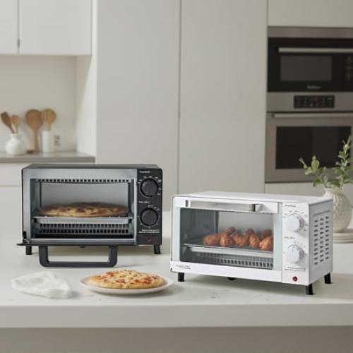 Mainstays 4 Slice Countertop Toaster Oven with 3 Settings, Includes Baking Rack and Pan, Black, New