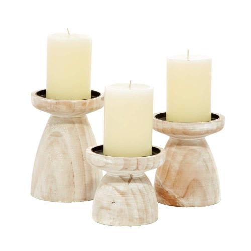 Brown Wood Pillar Candle Holder with White Wash Finish (Set of 3)