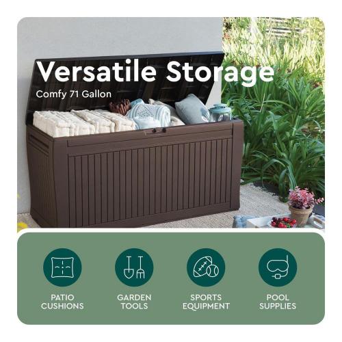 Keter Comfy 71 Gal. Weather Resisitant Plastic Resin Deck Box in Wood Look Brown