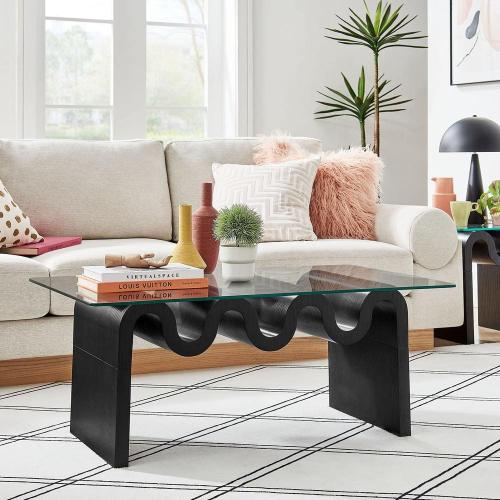Ondine Glass and Wood Specialty Coffee Table in Black - Retro Vintage 40 in. Squiggle