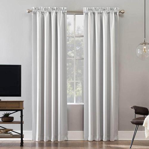 52x63, single panel Grey Alna Theater Grade Pearl Polyester 52 in. W x 63 in. L Rod Pocket 100% Blackout Curtain (Single Panel)