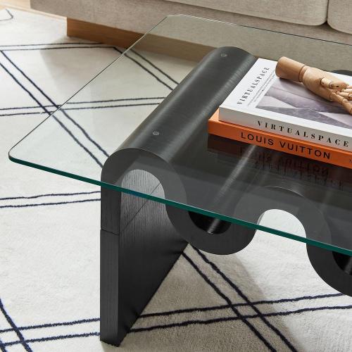 Ondine Glass and Wood Specialty Coffee Table in Black - Retro Vintage 40 in. Squiggle