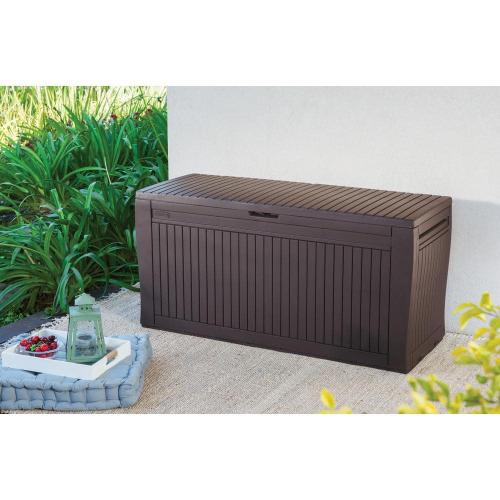 Keter Comfy 71 Gal. Weather Resisitant Plastic Resin Deck Box in Wood Look Brown