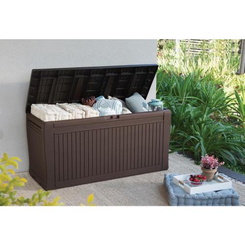 Keter Comfy 71 Gal. Weather Resisitant Plastic Resin Deck Box in Wood Look Brown