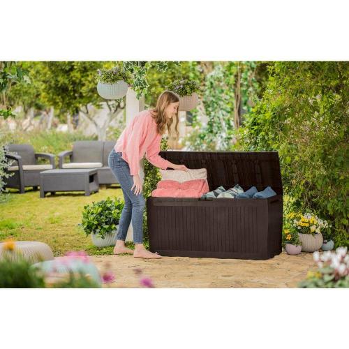 Keter Comfy 71 Gal. Weather Resisitant Plastic Resin Deck Box in Wood Look Brown