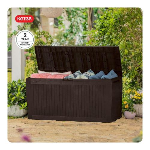 Keter Comfy 71 Gal. Weather Resisitant Plastic Resin Deck Box in Wood Look Brown