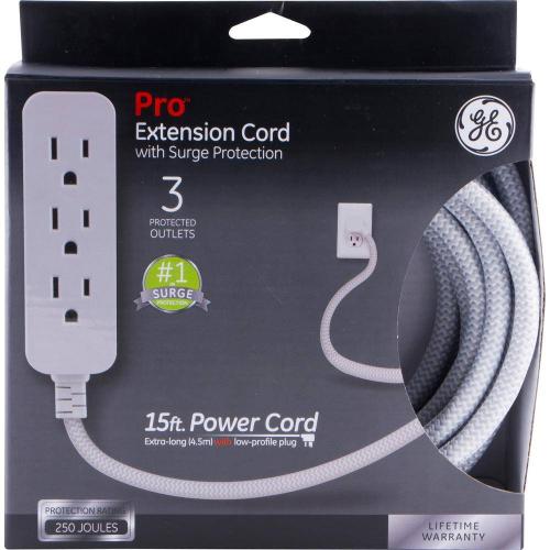 15 ft. 3-Outlet Designer Pro Extension Cord Surge Protector, White/Gray