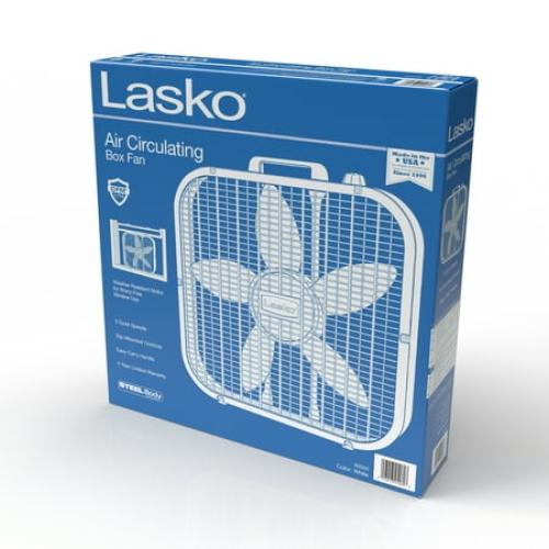 Lasko 20 Classic Box Fan with Weather-Resistant Motor, 3 Speeds, 22.5 H, White, B20200, New