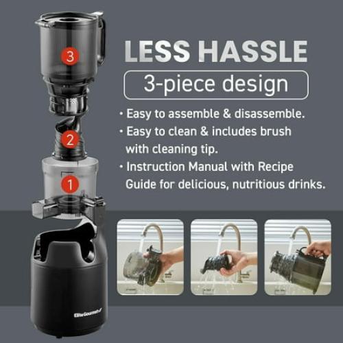 Elite Gourmet EJX320 Big Mouth Whole Fruit 5.2” Self-Feeding Chute, Cold Press Masticating Slow Juice Extractor, Hands-Free, Less Prep, Easy to Clean, Impact Resistant BPA Free Tritan, Black