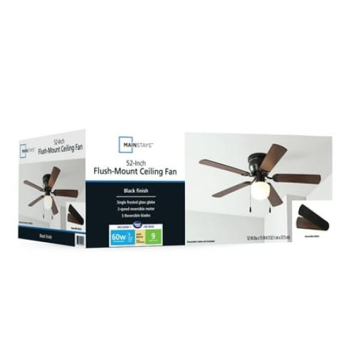 Mainstays 52 inch Hugger Indoor Ceiling Fan with Light Kit, Black, 5 Blades,, Reverse Airflow