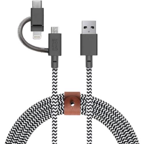 Native Union Belt Cable Universal - 6.5ft USB-C Charging Cable 3-in-1 Adaptor (Zebra)