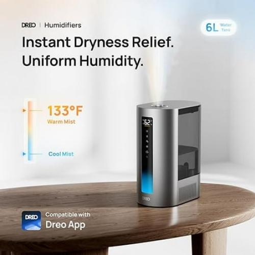 Dreo Size 6L Smart Humidifier for Bedroom Large Room, Warm & Cool Mist Humidifier, Top Fill, Run Time 60 Hours, High Precision Humidity Sensor and Indicator Light, Nursery, Plants, Works with Alexa, HM713S