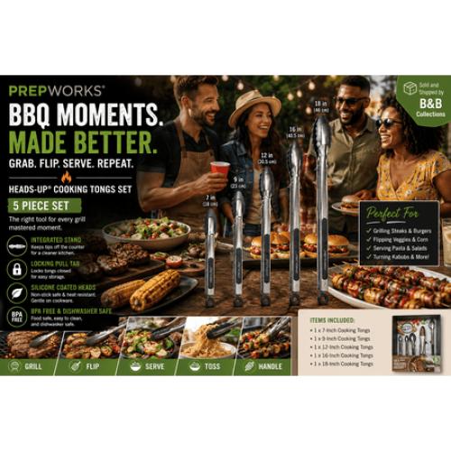 PrepWorks Heads-Up Cooking Tongs Set, 5-Piece Stainless Steel & Silicone Kitchen Tong Set, Heat Resistant Non-Slip Grip Tongs for Cooking, Grilling, Salad & Serving‼️MISSING ONE‼️