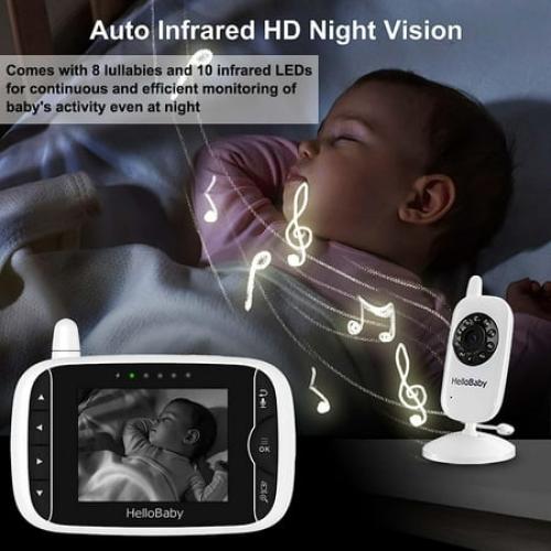 Video Baby Monitor with Camera and Audio, 3.2Inch LCD Display, Infrared Night Vision, Two-Way Audio and Room Temperature Monitoring,Lullaby,Sound Activated Screen HB