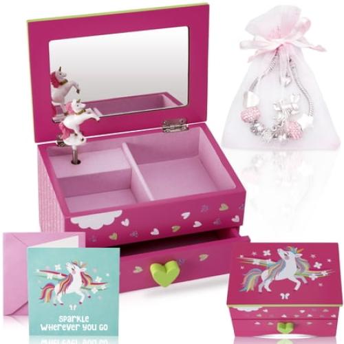 Amitie Lane Itsy Unicorn Musical Jewelry Box, Unicorn Charm Bracelet, Girls Ages 6 , Fuchsia Pink