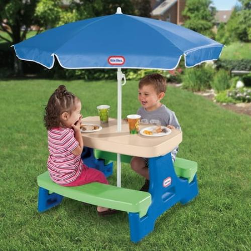 Little Tikes Easy Store Jr. Picnic Table with Umbrella, Blue & Green - Play Table with Umbrella, for Kids