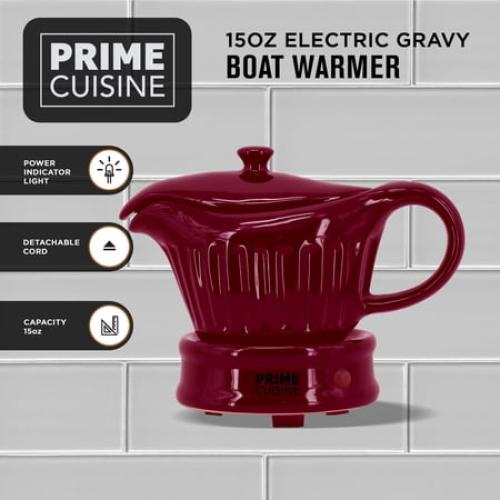 Prime Cuisine 17oz Electric Gravy Boat Warmer, Ceramic Gravy Boat with Detachable Cord and Lid