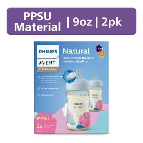 2Pack 9oz Philips Avent Ppsu Natural Baby Bottles with Medium Flow Nipples (Flow 3), 9oz, with Decoration, 2-Pack, SCY943/02