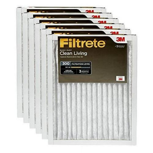 Filtrete Air Filter, MPR 300, MERV 5, Clean Living Basic Dust 3-Month Pleated 1-Inch Air Filters, 6 Filters, White