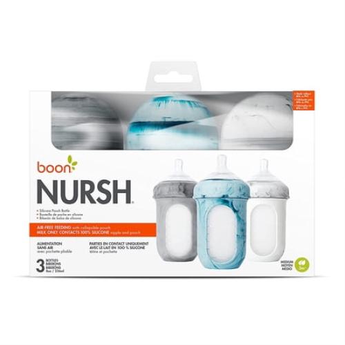 Boon NURSH Reusable Silicone Pouch Baby Bottles – Stage 2 Medium Flow – 8oz – Marble (3pk)