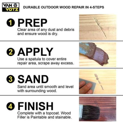 VAN VOTZ Waterproof Wood Filler [17oz, Neutral] - Exterior Grade Wood Repair in 18 Paintable and Stainable Colors. Strong Adhesion and Durability for Outdoor Wood in All Weather Conditions.