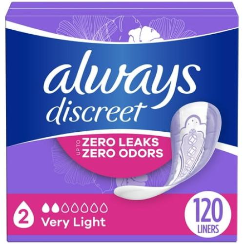 Always Discreet Incontinence Panty Liners, 2, Very Light, Lightly Scented 120 CT