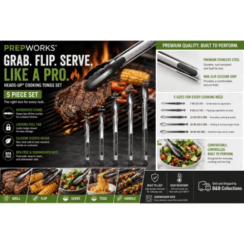PrepWorks Heads-Up Cooking Tongs Set, 5-Piece Stainless Steel & Silicone Kitchen Tong Set, Heat Resistant Non-Slip Grip Tongs for Cooking, Grilling, Salad & Serving‼️MISSING ONE‼️
