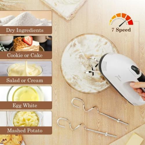 TINANA 7 Speed Hand Mixer Electric Handheld with Stainless Steel Beaters & Dough Hooks, Cookie Mixer with Turbo Boost, Food Beater for Kitchen Baking Cakes, Eggs, Cream, White