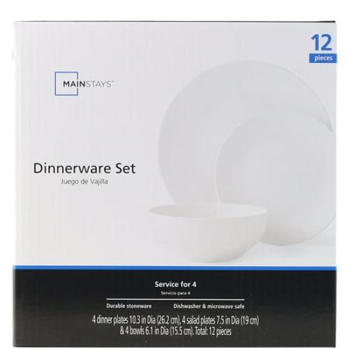 Mainstays Glazed White Stoneware Dinnerware Set, 12-Pieces