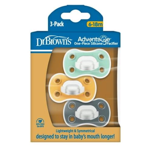 Dr. Brown's Advantage Lightweight One-Piece Silicone Baby Pacifier, Fully Symmetrical Soother, Neutral, 6-18m, BPA Free, 3 Pack