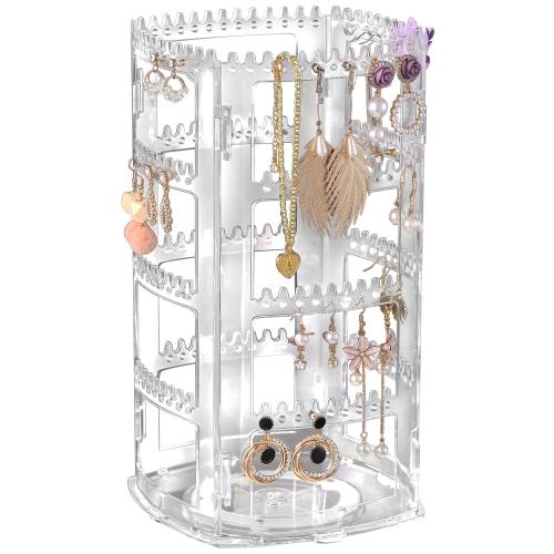 Sooyee Earring Organizer4 Layers Earring Holder360 Degree Acrylic Earring Holder OrganizerJewelry Display for Earrings Bracelets Necklaces Clear