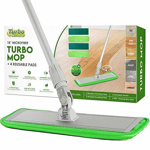 Turbo Microfiber Mop Floor Cleaning System - 18-inch Sweeper with 4 Reusable Pads and 360-Spin Mop Head with Extendable Handle - Household Cleaning Supplies and Tools