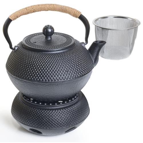 Oztara Cast Iron Teapot Set 40 oz/1200 ml Japanese Style Teapot with Infuser and Warmer Tea pot | Tea Kettle Coated with Enameled Interior Large Cast Iron Kettle Black & Iron cast Teapot warmer
